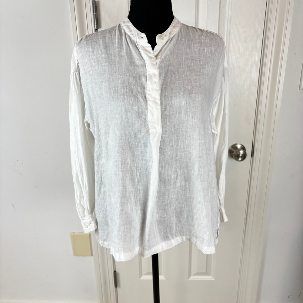MUJI White 100% Linen Band Collar Tunic Blouse XS-S Long Sleeve Gathering